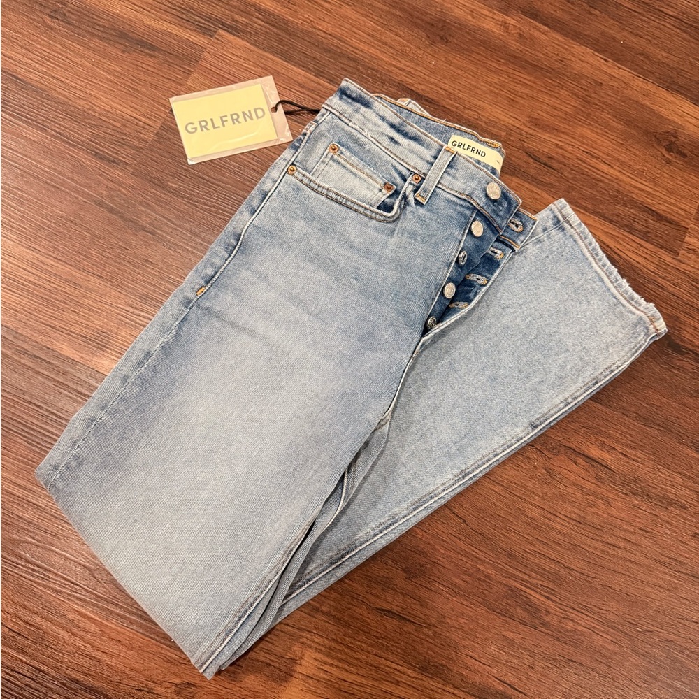 GRLFRND Cassidy Mid Rise Button Fly Straight Jeans Light Wash Raw Hem 24 NWT